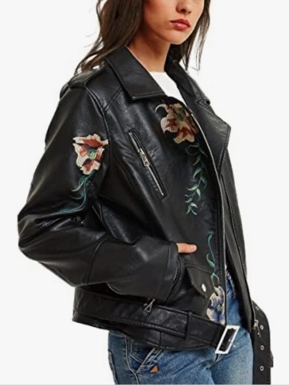 BELLIVERA Floral Vegan Leather Embroidered Moto Jacket Black - Picture 3 of 14